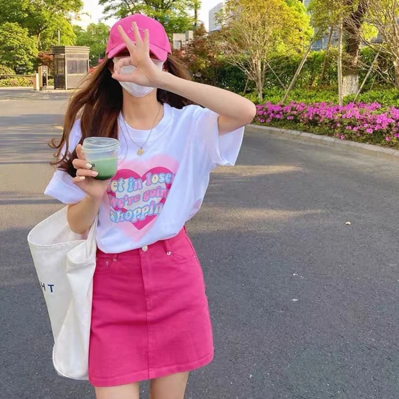 夏日多巴胺玫粉色a字半身裙女夏季高腰包臀小个子遮肉显瘦短裙子