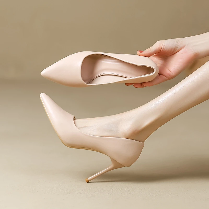 高跟鞋女细跟2025早春新款黑色职业尖头设计感小众气质名媛裸色鞋