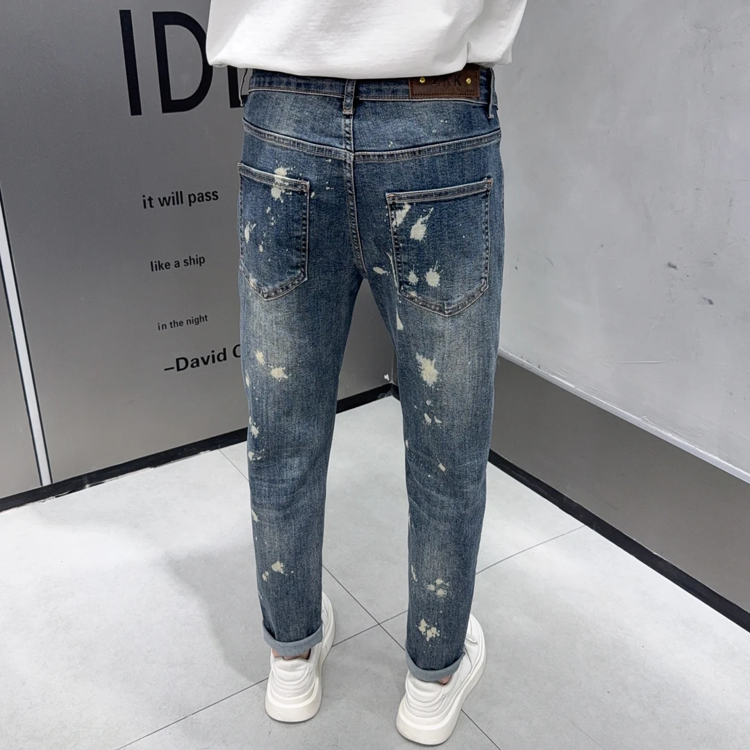 美式高街休闲复古牛仔裤男秋冬修身潮牌痞帅个性百搭泼墨小脚长裤