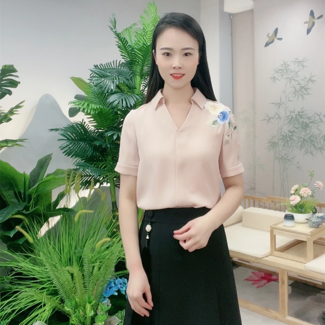 夏季新款中国风立体刺绣花衬衣气质翻领女茜熙语岚衬衫-BMT18751