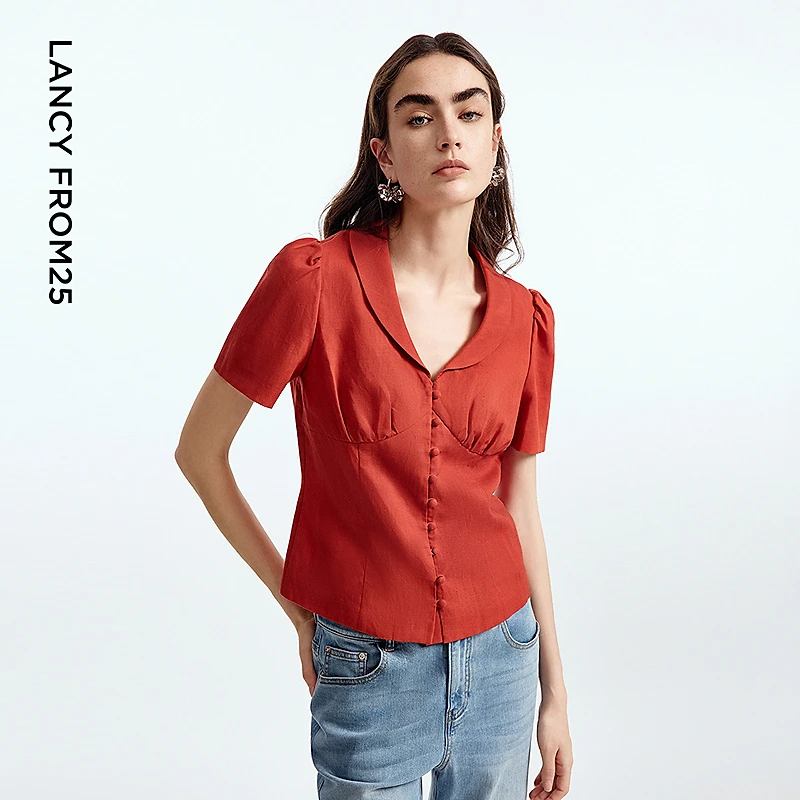 【漾25系列】朗姿v领修身通勤短袖衬衫高级感2025年夏季新款上衣