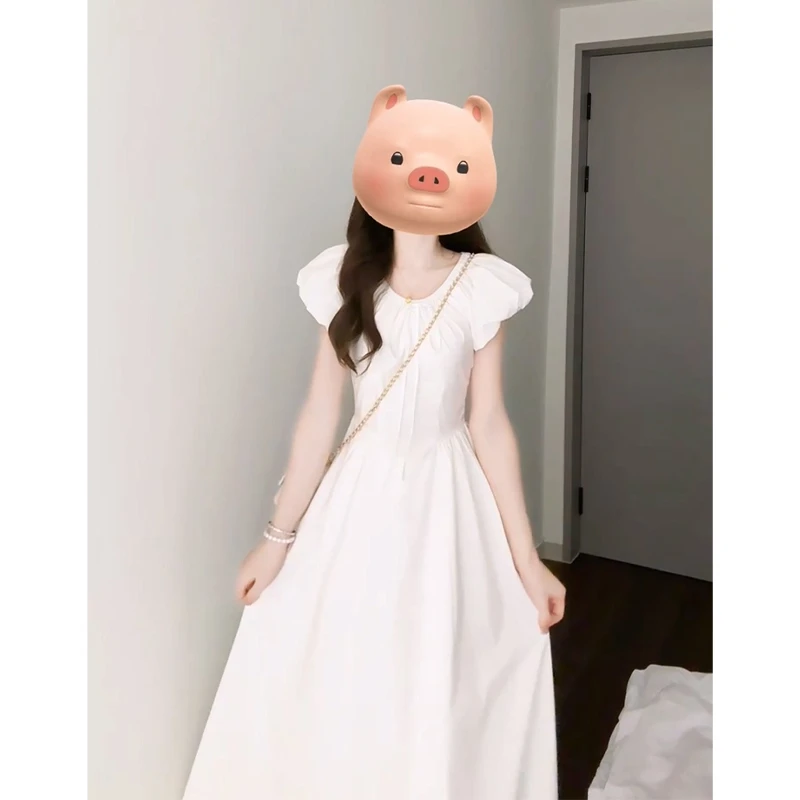 设计感连衣裙2025夏季新款法式气质泡泡袖系带收腰中长款A字裙子