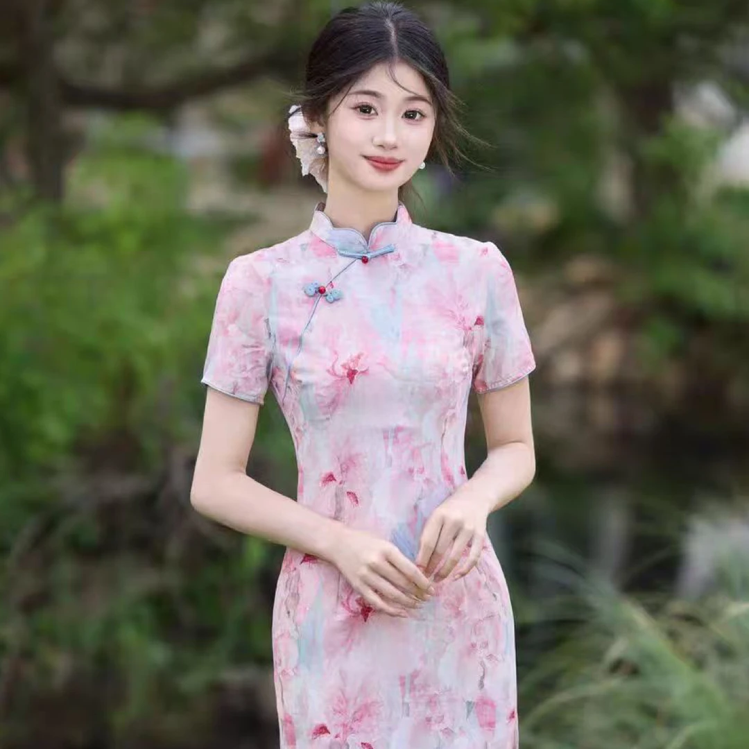 新中式提花花瓣领日常中国风旗袍春夏复古修身优雅