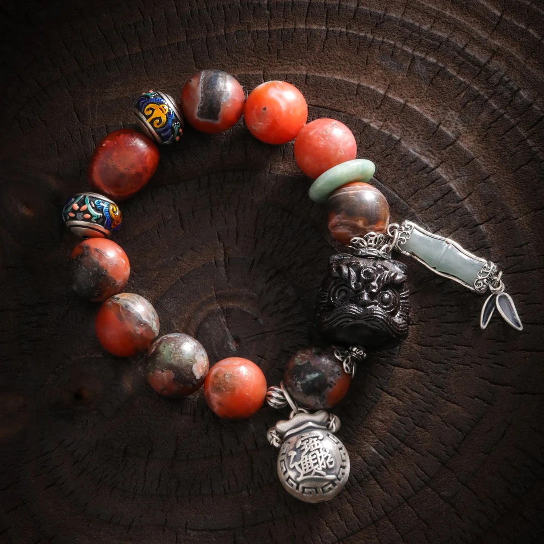 925银手链 柒 S11109 招米进宝福袋吞米兽竹节包浆红珠手链