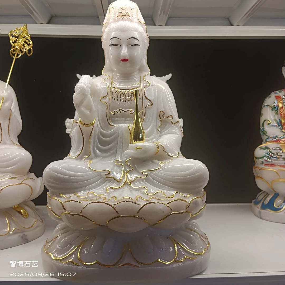 南海观音菩萨汉白玉佛像居家供奉坐莲摆件