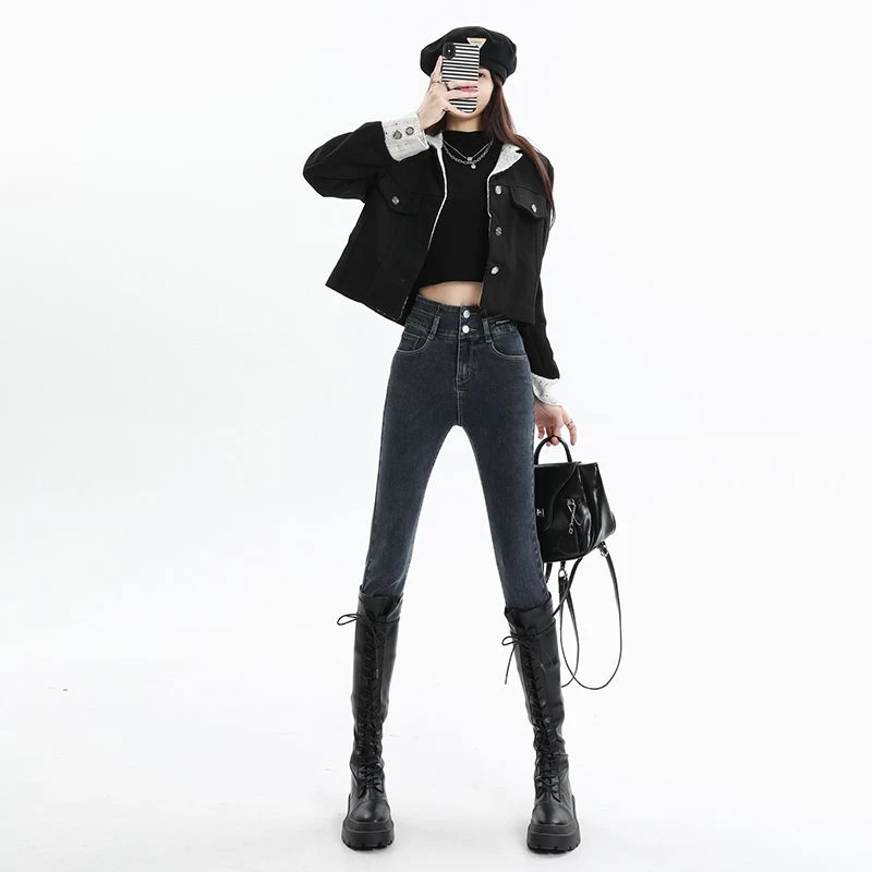 Busrr美式高腰牛仔裤女紧身小脚长裤弹力修身设计感铅笔裤