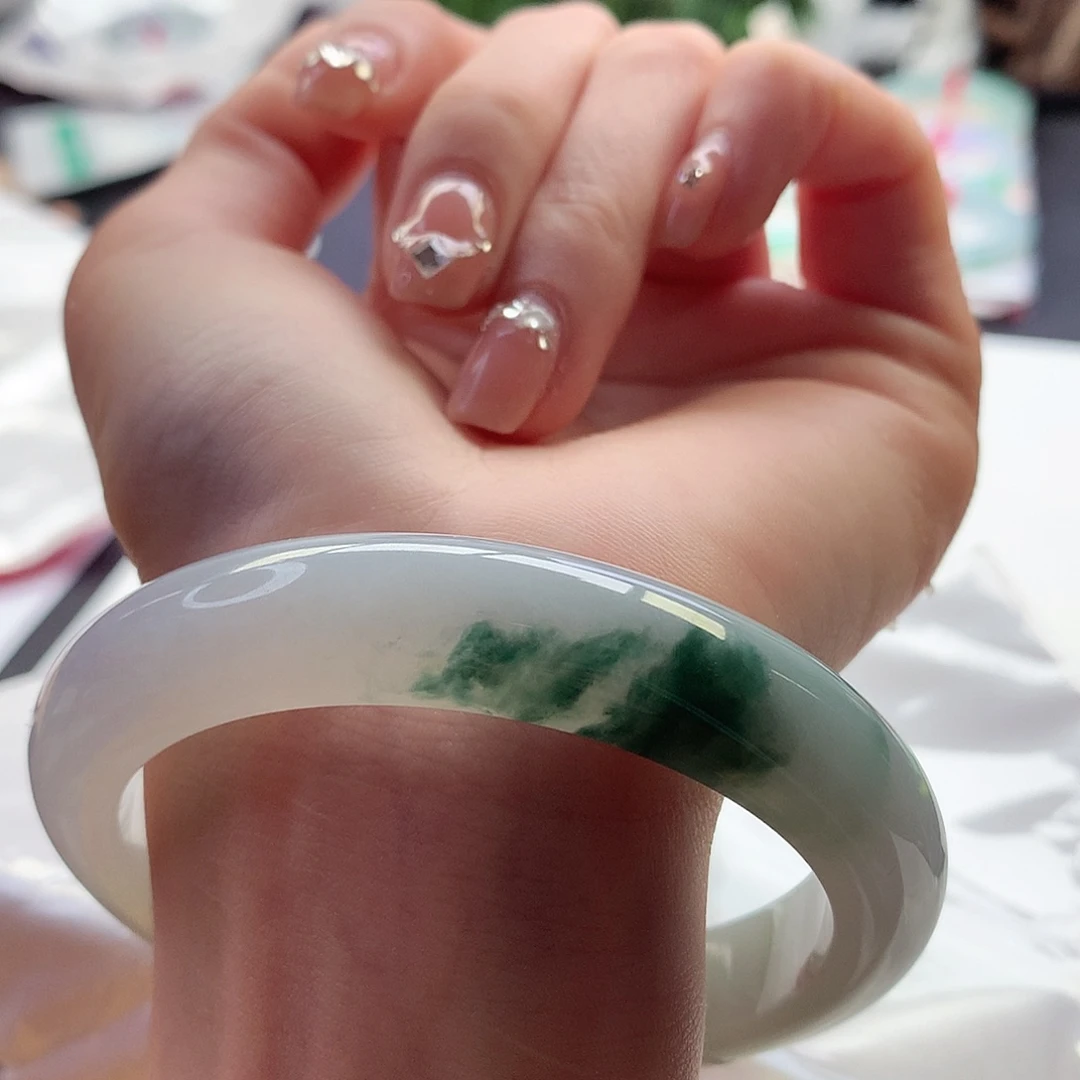 翡翠手镯未镶嵌天然翡翠61-63山水花