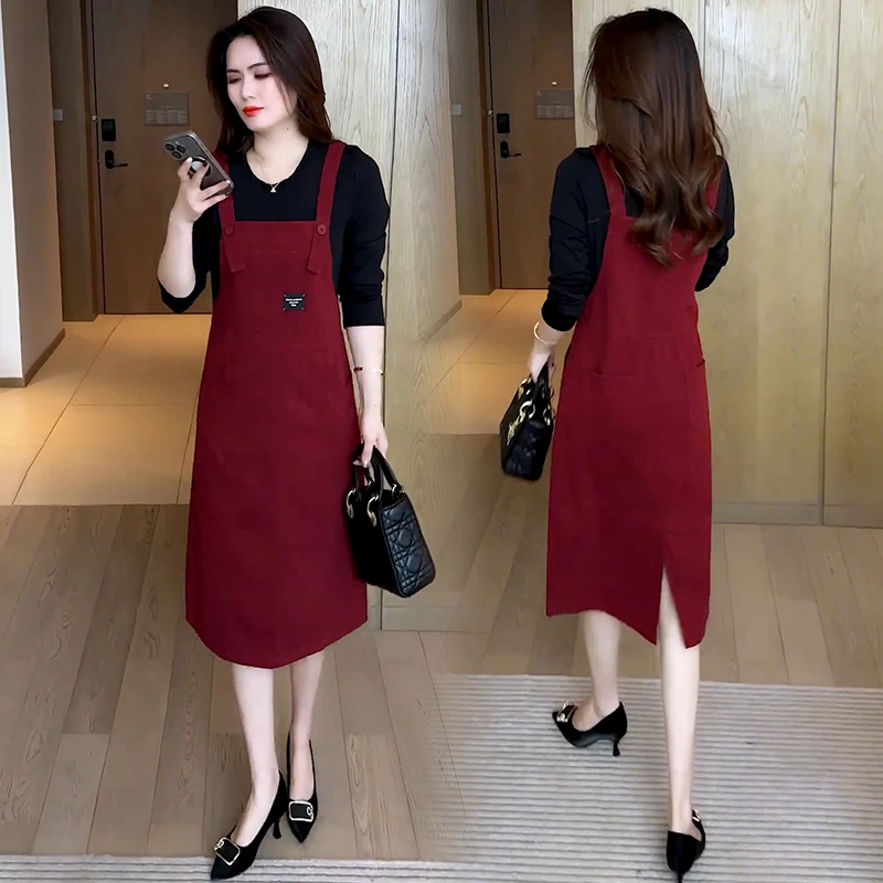 时尚背带连衣裙女2025春秋新款洋气显瘦休闲假两件中长款减龄裙子