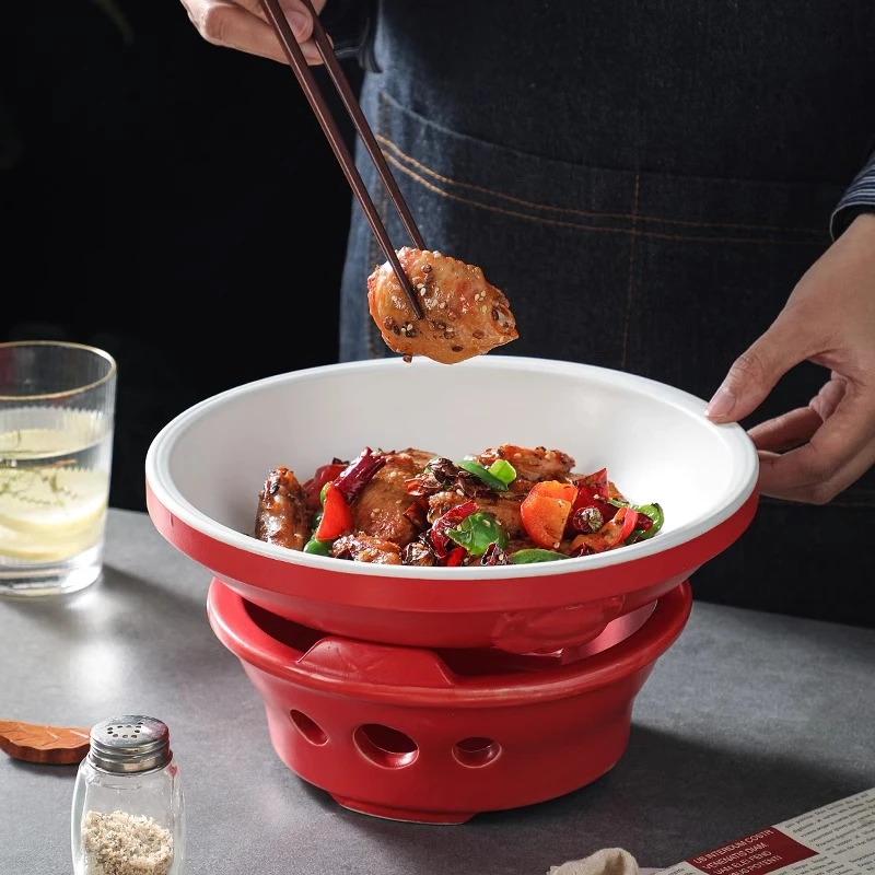 湘菜小炒黄牛肉盘子带底座蜡烛火加热明炉保温私房菜饭店专用餐具