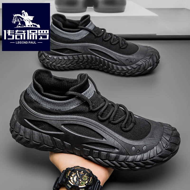 传奇保罗正版纯黑男鞋冬季飞织网面透气运动袜子鞋男士登山旅游鞋