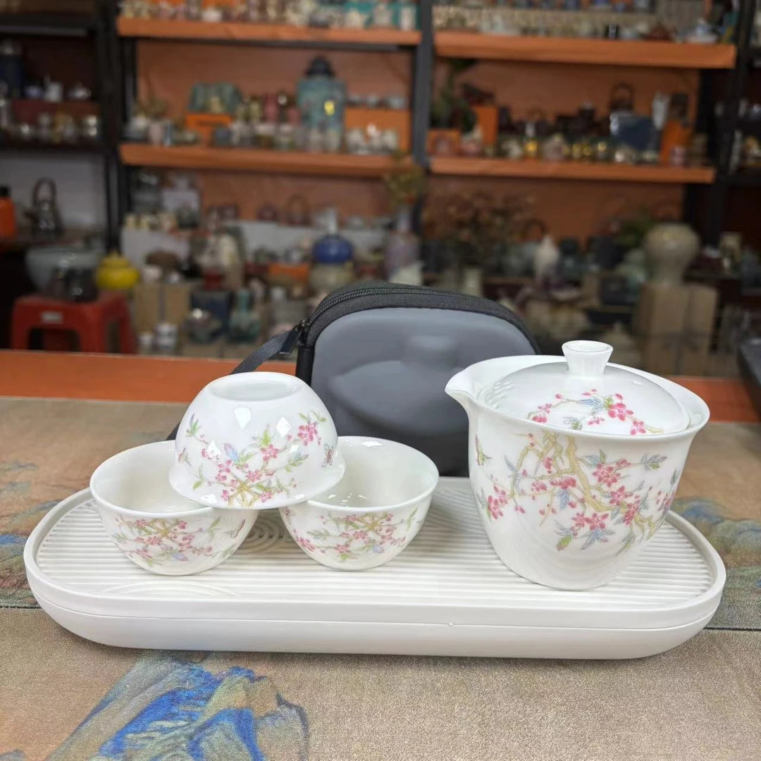 扬名茶器 套冰白紫藤花一壶两杯+包+白色陶瓷盘-2806