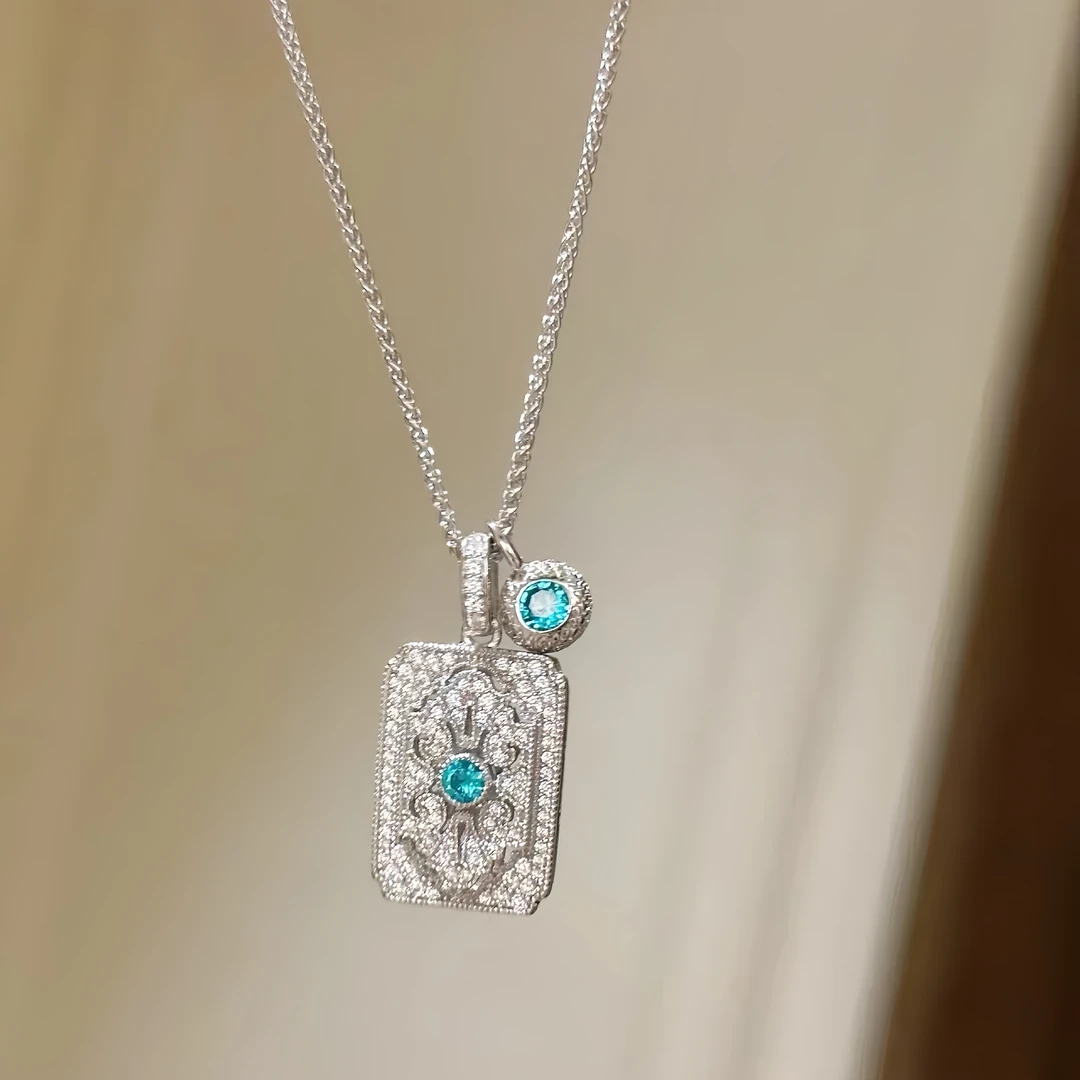 坠链均925银合成锆石 【施生生珠宝】复古无事牌镶嵌项链气质