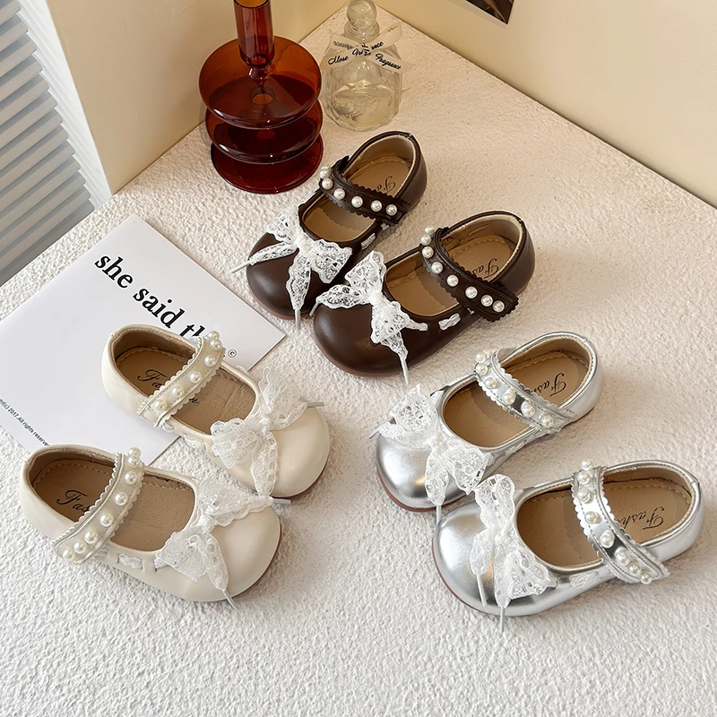 女童公主鞋25春秋韩版蕾丝花边蝴蝶结小皮鞋中大童单鞋宝宝软底05