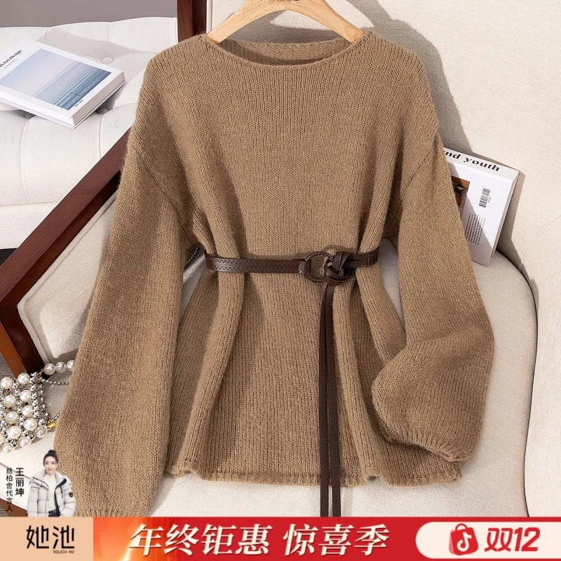 丝柏舍2025冬装绵羊毛女圆领宽松落肩袖套头长袖针织衫S53S0050Z