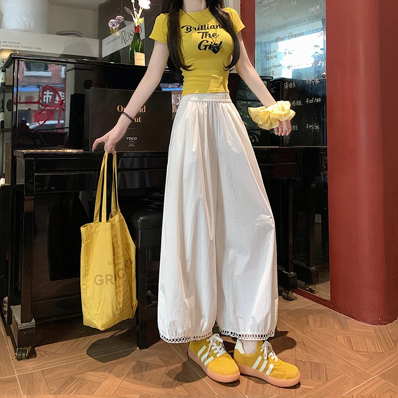 九分裤灯笼裤女夏季薄款速干冰丝阔腿裤镂空蕾丝花边直筒