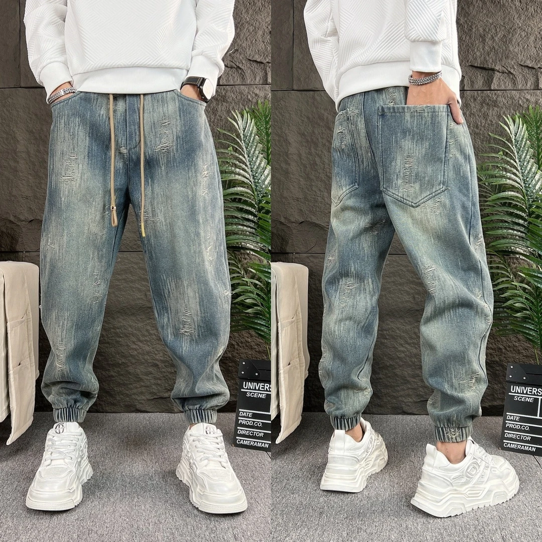 潮牌刮破牛仔裤男春季新款时尚修身束脚裤青年百搭哈伦裤运动长裤