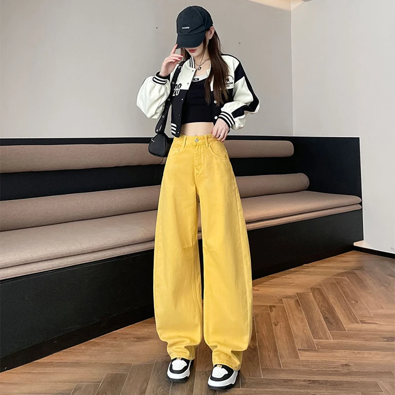 黄色窄版弯刀牛仔裤女春季新款高腰显瘦百搭宽松直筒阔腿拖地长裤