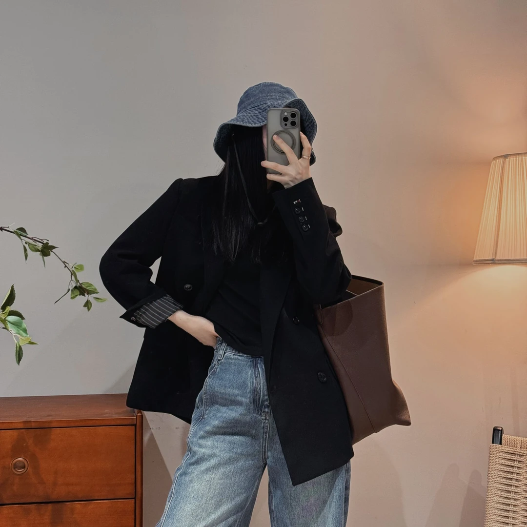 今婷韩版时尚休闲气质经典简约宽松舒适黑色西装外套女-M25104348