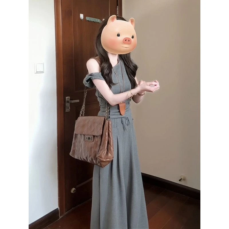 希树韩系穿搭套装女夏季收腰斜肩短袖上衣+高腰直筒阔腿裤两件套