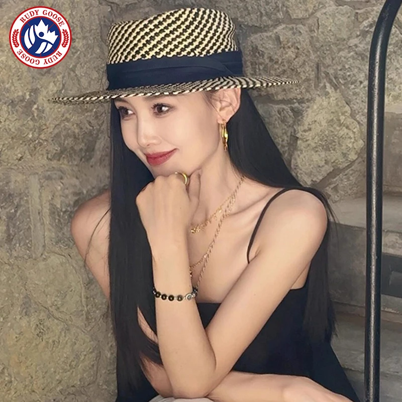 RUDY GOOSE法式复古老钱风拼色平顶草帽女夏季海边度假防晒遮阳帽