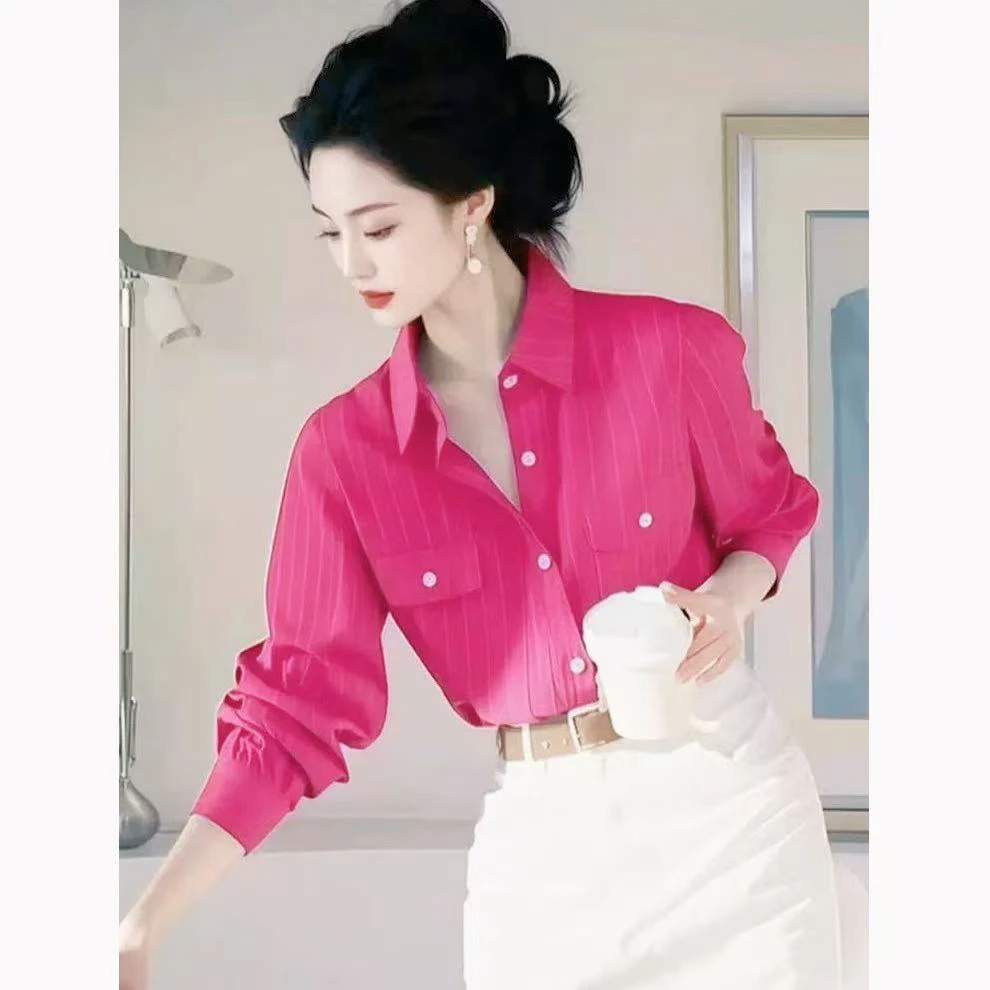韩版气质时尚衬衫女春季新款时尚设计感百搭翻领开衫上衣【5917】