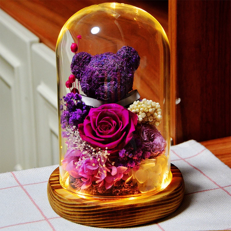 永生花苔藓小熊玻璃罩成品摆件情人节创意真花干花礼盒圣诞节礼物