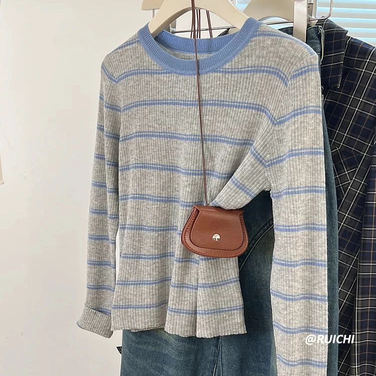 韩系休闲慵懒风~2025秋季新款圆领撞色针织上衣百搭时尚修身显瘦