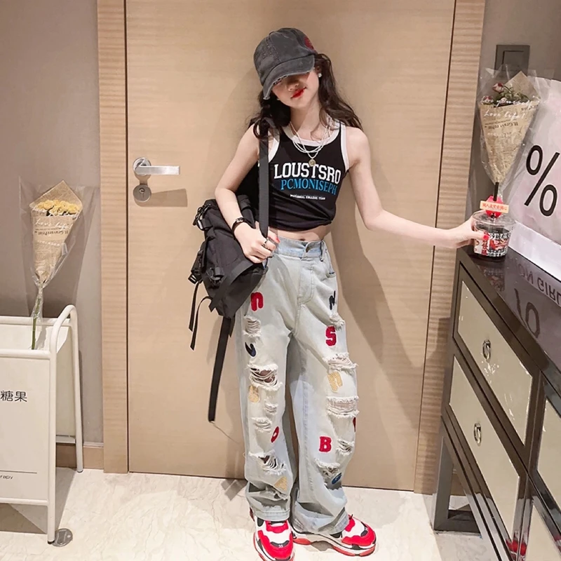 女童字母破洞牛仔裤2025夏季新款高腰直筒刺绣宽松显瘦牛仔时尚潮