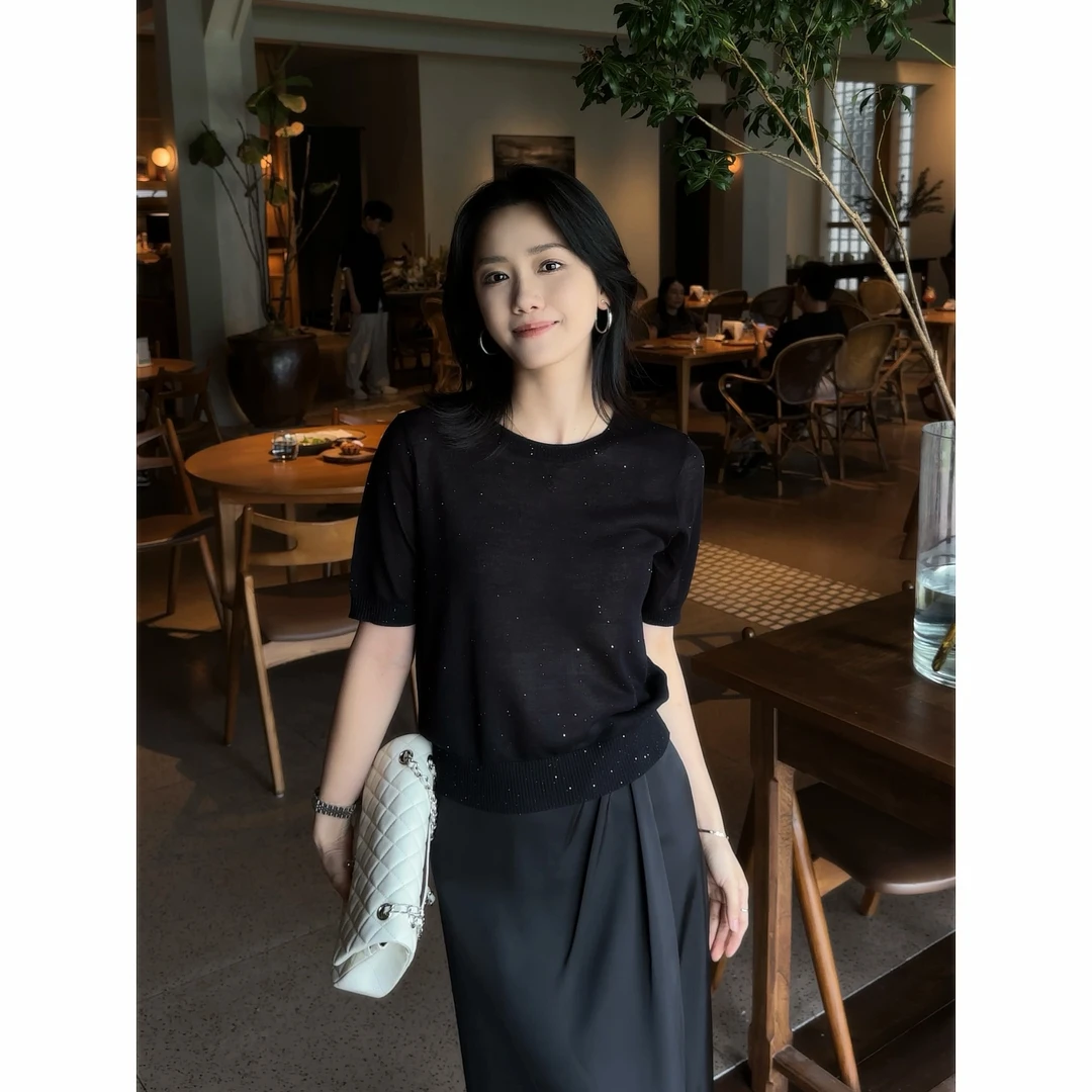 REALNEEI【满天星】珠光纱设计亮片短袖  贴身穿不扎的针织T恤22257