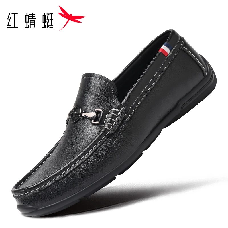 红蜻蜓男商务一脚蹬真皮牛皮豆豆鞋休闲乐福鞋头层牛皮软底套脚
