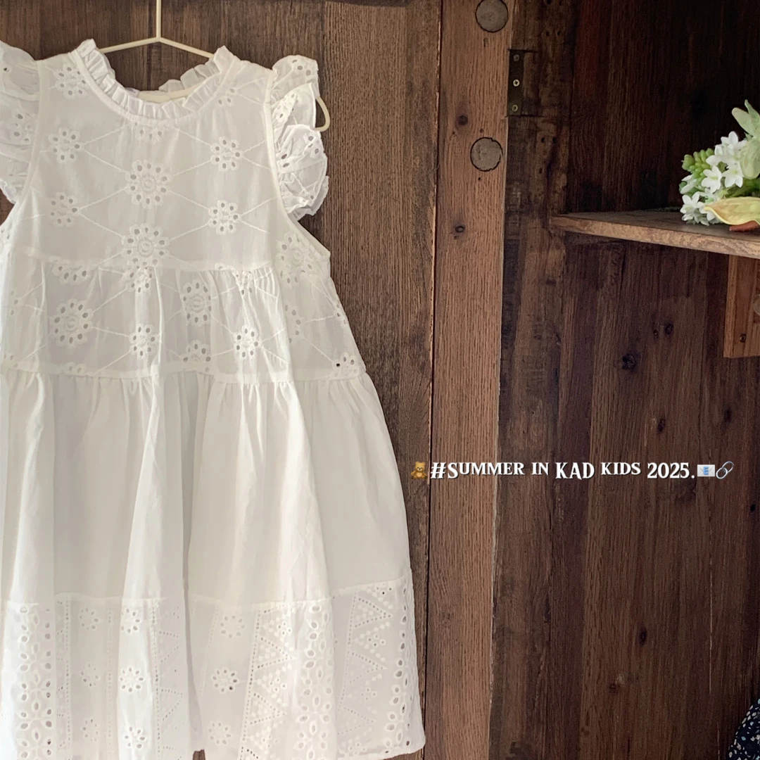 可爱豆 女童夏季新款 白色棉布拼接镂空花边 法式浪漫长裙 V5004