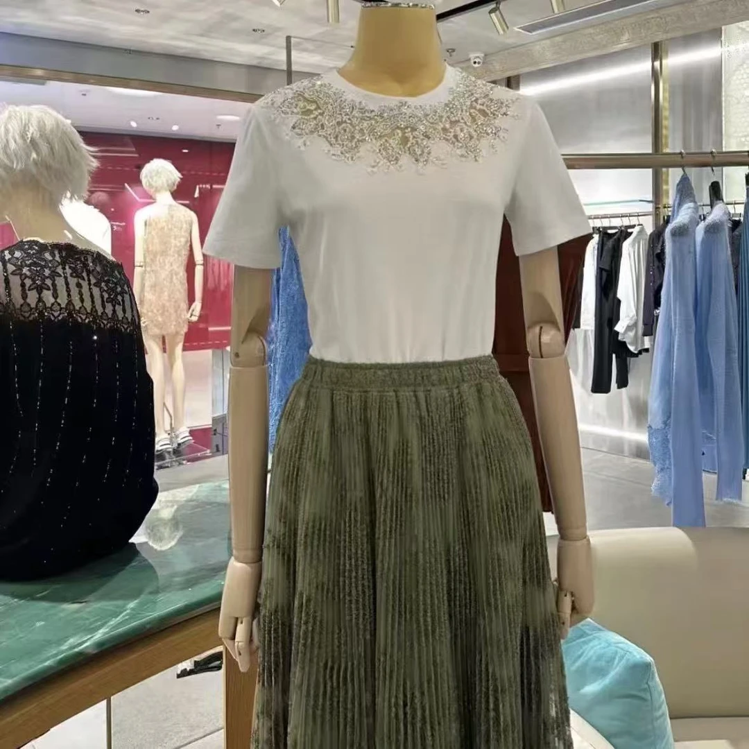 重工烫钻刺绣镂空宽松女T恤时尚休闲圆领显瘦气质女上衣B107