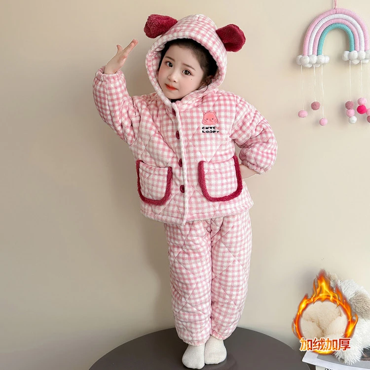 女童三层夹棉睡衣秋冬季2026新款女孩宝宝加绒加厚儿童冬款家居服