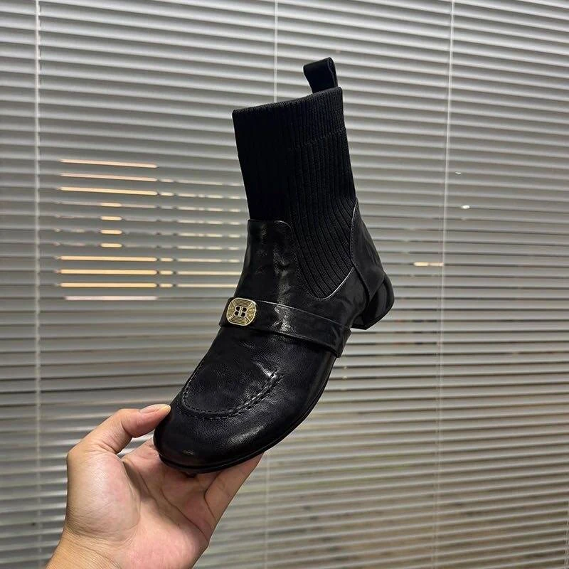 【现货 下播发】显瘦粗跟短筒厚底圆头方头袜靴手工牛皮女靴女鞋秋