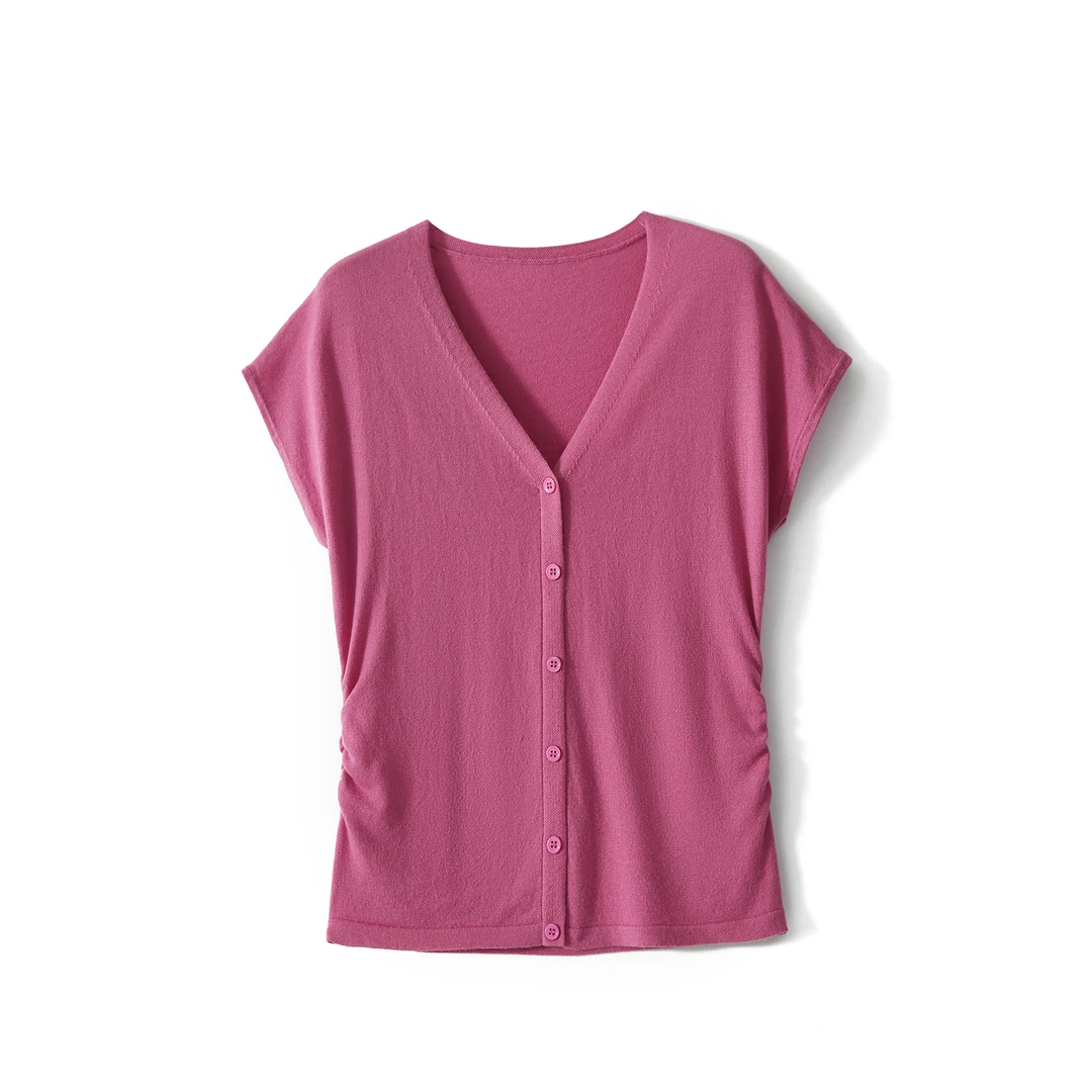 【九月木兮】小蛮腰16针丝光羊毛打褶收腰V领小飞袖针织S72235ZYCMG