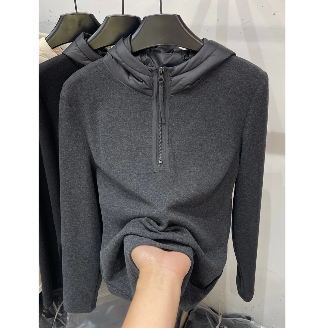 2025秋冬新款宽松减龄气质拼接棉连帽半拉链双面德绒女卫衣