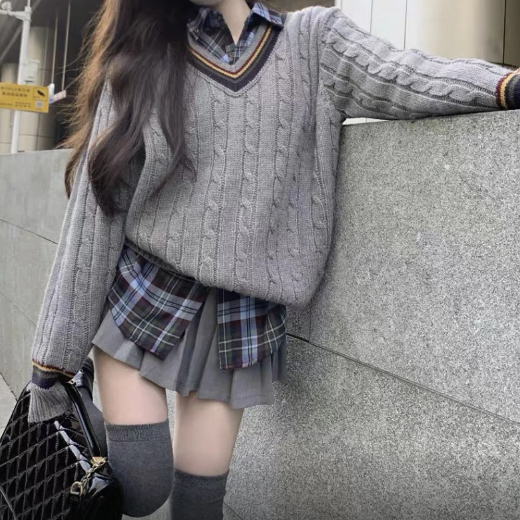 大码胖mm甜辣学院风灰色针织毛衣格子衬衫百褶裙女秋冬7158