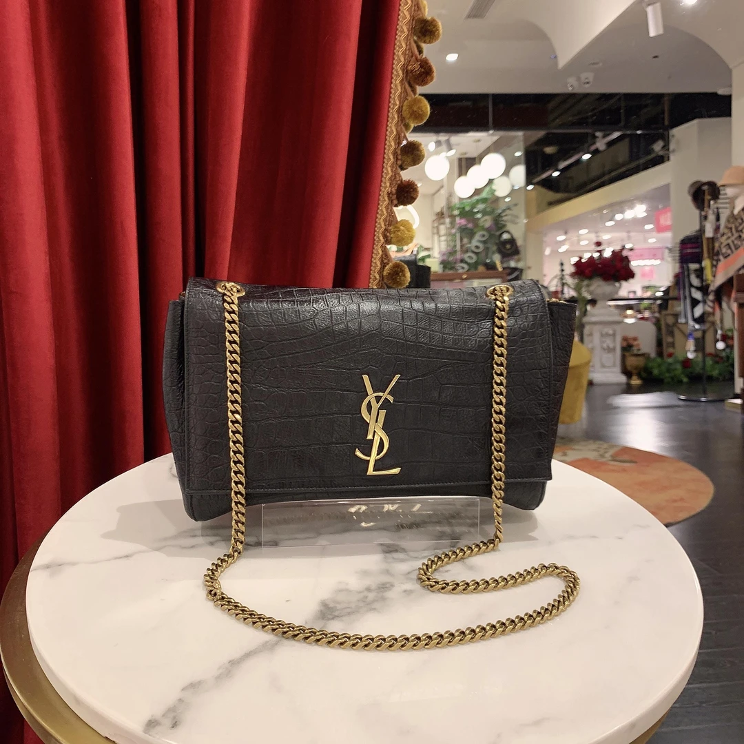 95新 YSL/圣罗兰 GGS圣罗兰双面Kate中号黑金鳄鱼压纹26902680