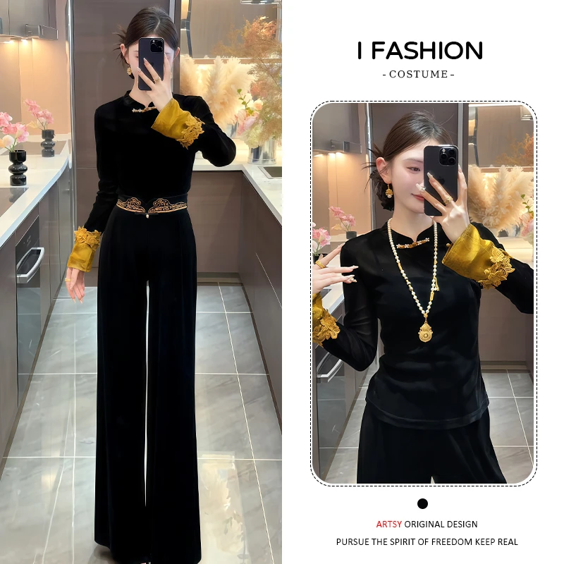 新中式时尚洋气套装女2026春秋新款气质显瘦拼接上衣阔腿裤两件套