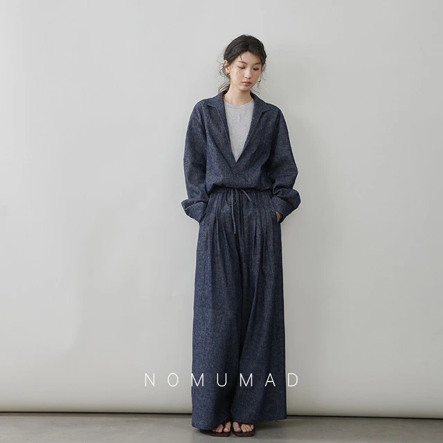 山屿牧玛2025春季新款亚麻棉牛仔套装高级假两件外套宽松阔腿长裤