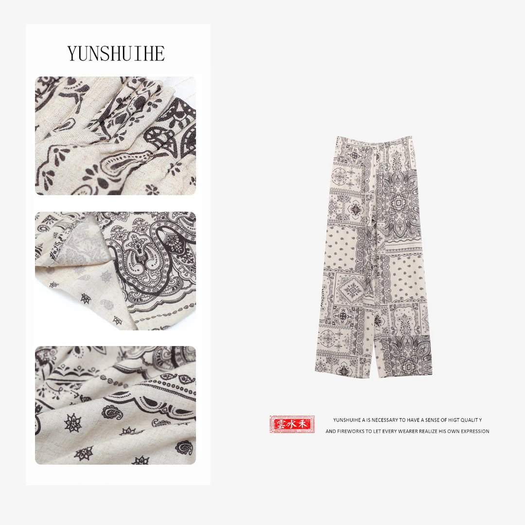 YUNSHUIHE/云水禾新中式亚麻腰果花休闲阔腿裤-S5646