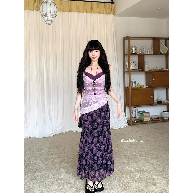 溺水三鱼【盛夏栀子】夏季蕾丝波点拼接假两件碎花印花裙连衣裙