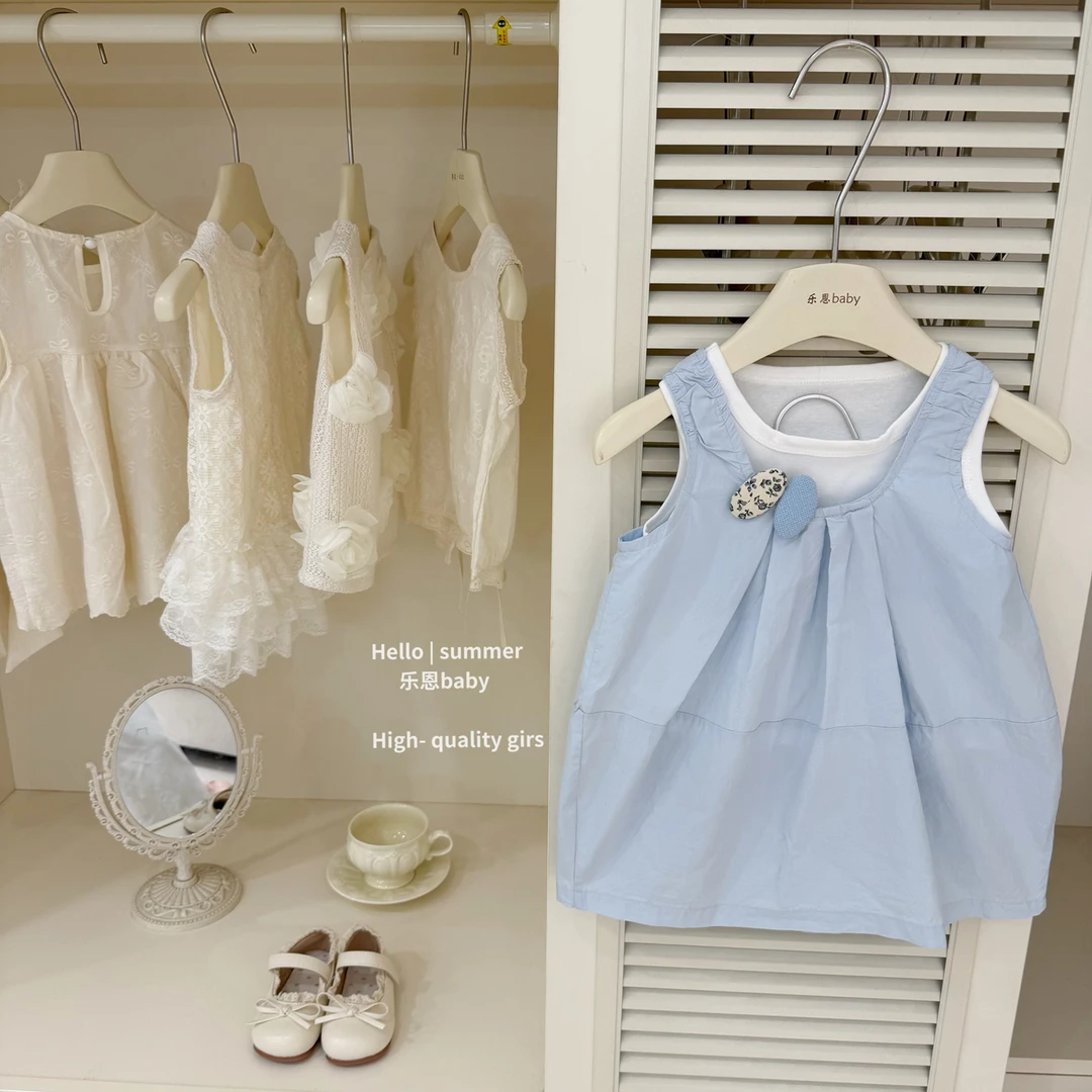 【乐恩童装】原创高定女童夏季蓝色背心裙洋气可爱宝宝元气两件套