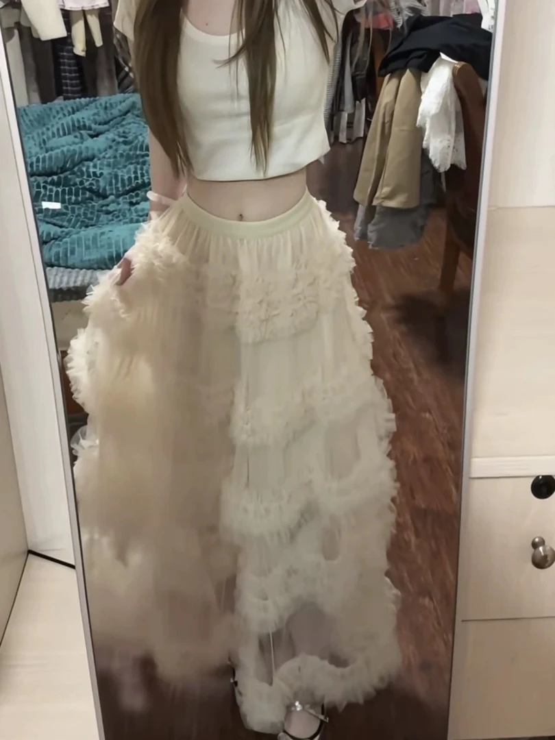 法式重工甜美氛围感百搭蛋糕裙高腰网纱木耳边拼接气质仙女半身裙