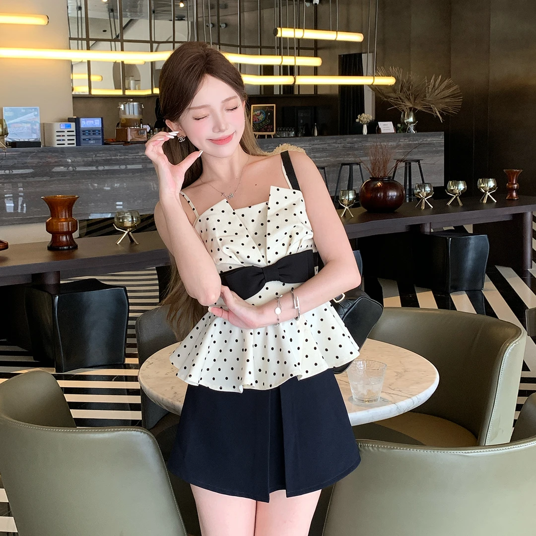 冰冰来了丨【香颂假日】少女感修身A字波点吊带蝴蝶结减龄背心27241