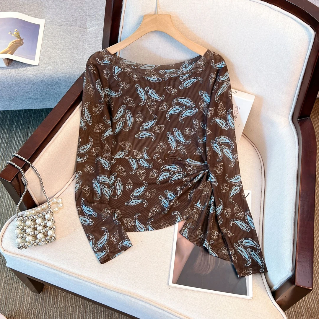 大码女装秋季双层韩版印花气质绑带长袖恤女新款设计感网纱上衣