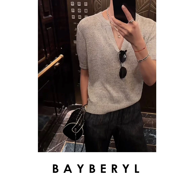 BAYBERYL老贝剪刀领和纸透气百搭秋透气短袖针织衫ZZS5G1509
