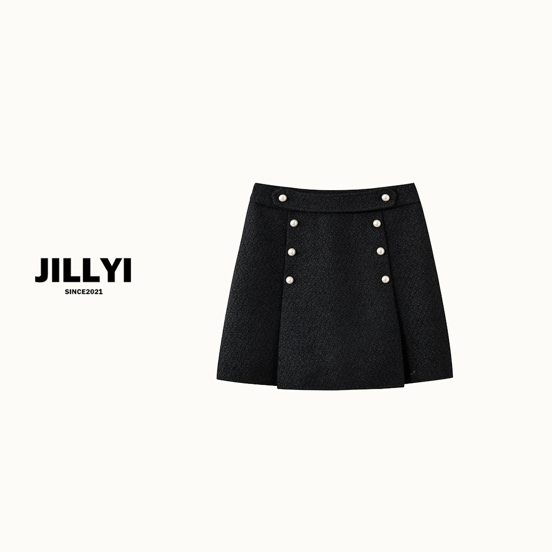 JILLYI珠海店【珍珠时光】双排针织百褶裙小香风气质网红时尚黑色