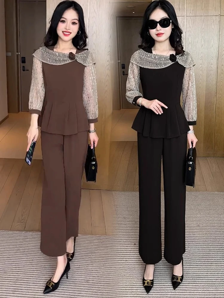 时尚气质套装女2025春季新款洋气显瘦蕾丝拼接上衣阔腿裤两件套潮