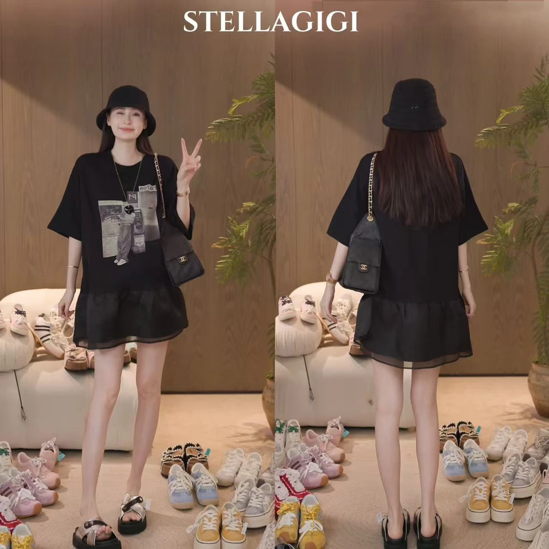 SG / 郭幂幂 SS 图案印花 韩系风网纱拼接T恤裙Q-20251570